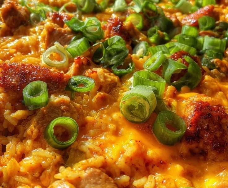 One Pan Spicy Buffalo Chicken and Sausage Rice dish ready to serve