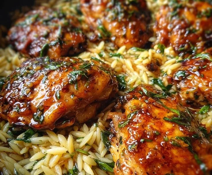 One Pan Sweet Honey Garlic Parmesan Chicken Orzo dish