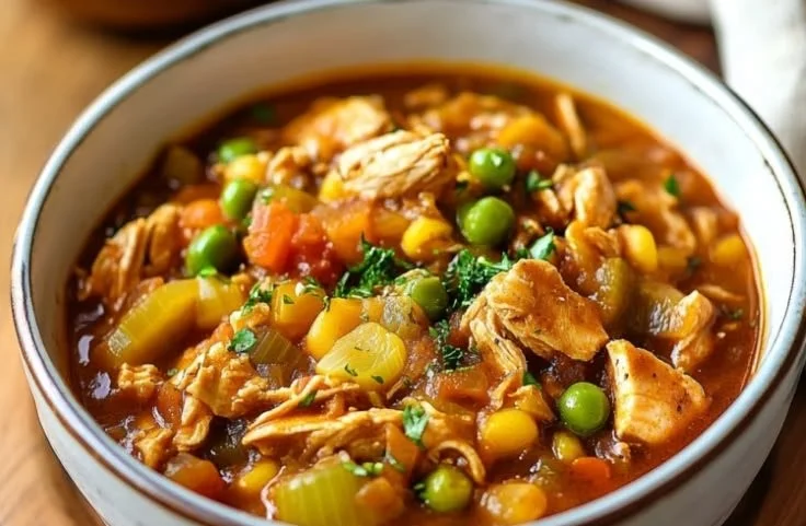 Delicious One Pot Chicken Brunswick Stew simmering in a cast-iron pot