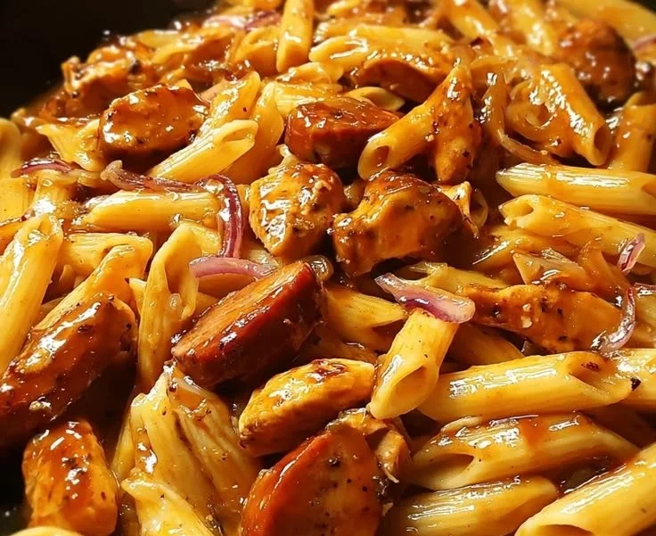 One Pot Maple Honey BBQ Chicken and Sausage Pasta dish with vibrant colors and ingredients