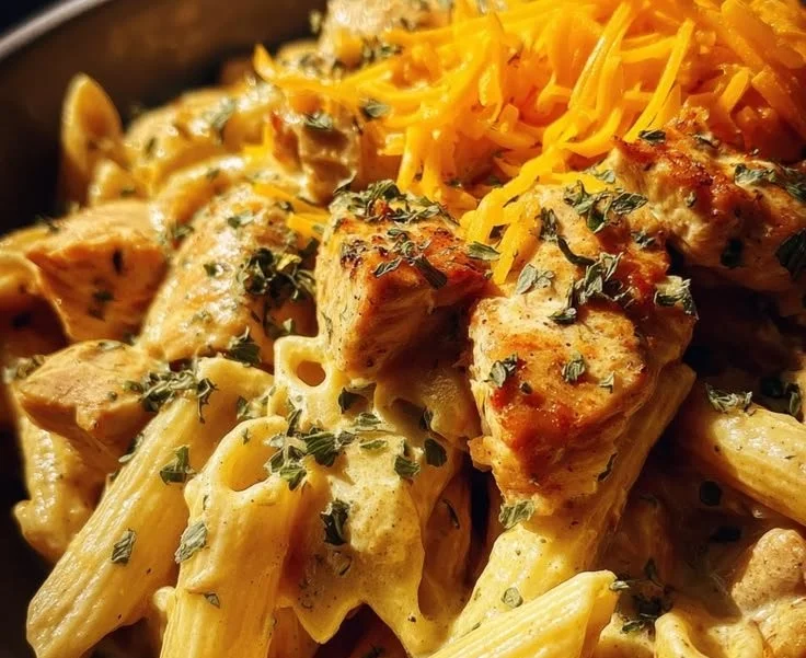 One Pot Spicy Ranch Cheddar Chicken Pasta in a skillet