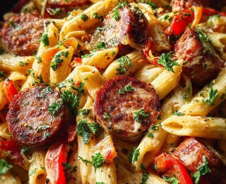 One Skillet Cajun Sausage Penne with colorful ingredients and spices