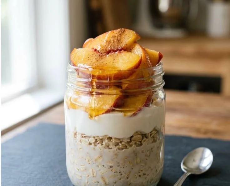 Bowl of Peach Overnight Oats with Greek Yogurt topped with fresh peaches