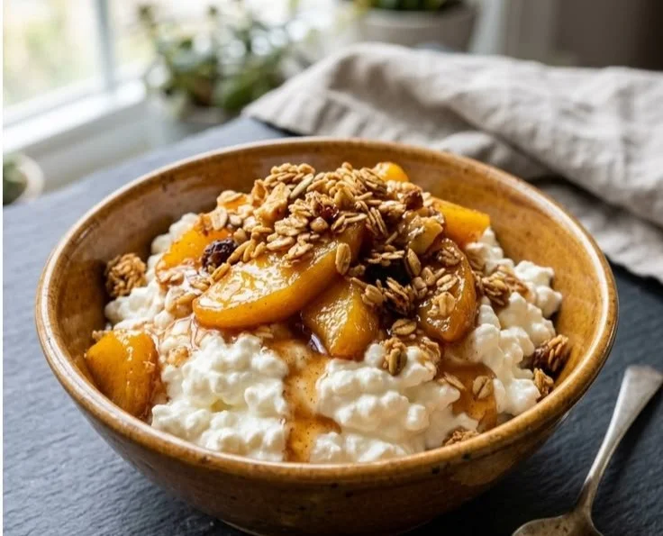 Peach Pie Cottage Cheese Bowl topped with fresh peaches and crumble