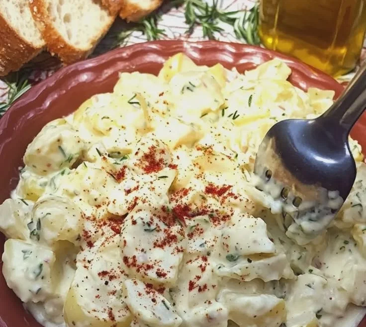 Bowl of creamy potato salad with herbs and seasonings