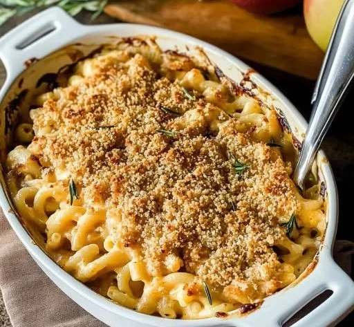 Creamy Pumpkin Apple Three Cheese Mac and Cheese topped with breadcrumbs