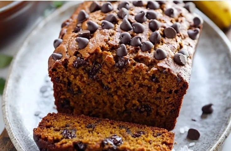 Homemade pumpkin chocolate chip banana bread sliced on a wooden board.