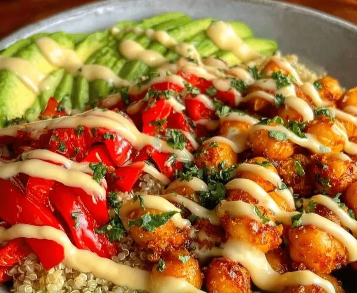 Quinoa bowl topped with roasted chickpeas and avocado slices for a healthy meal.