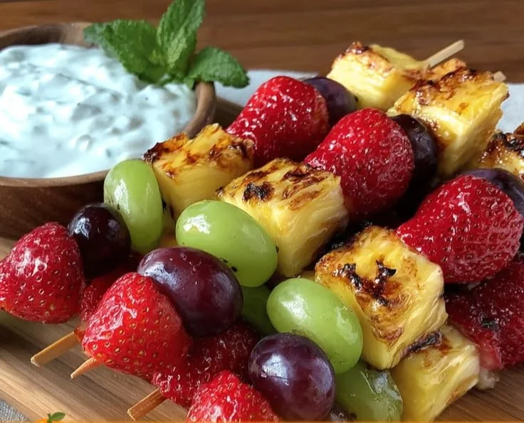 Rainbow fruit kabobs with a side of yogurt dip for a healthy snack