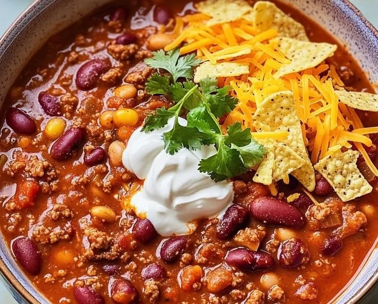 Bowl of Ree Drummond's Pioneer Woman Chili topped with cheese and cilantro