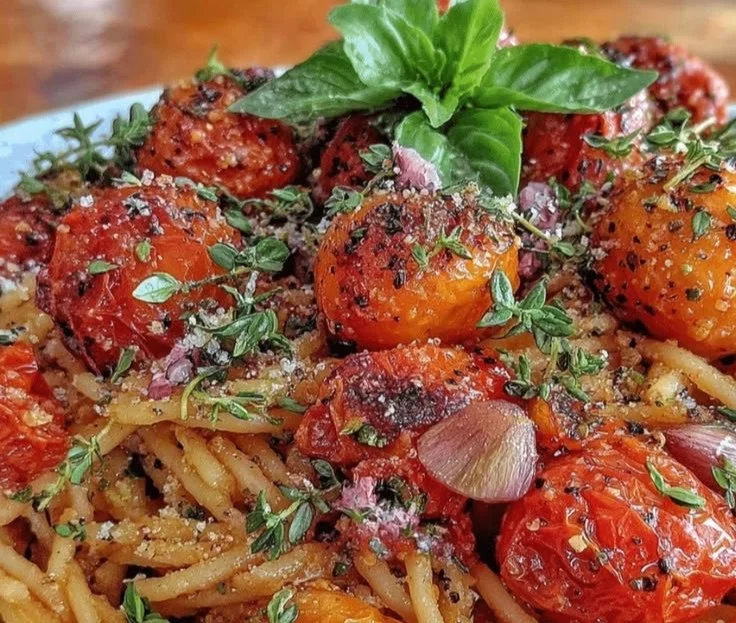 A bowl of Roasted Cherry Tomato Pasta garnished with fresh basil and cheese.