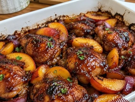 Delicious roasted peach BBQ chicken bake with succulent chicken and peach glaze