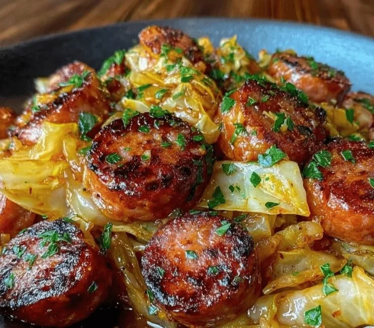 Sausage and cabbage stir fry in a skillet with vibrant vegetables