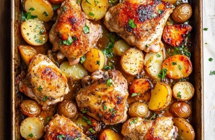 Sheet pan chicken and potatoes ready to serve for dinner