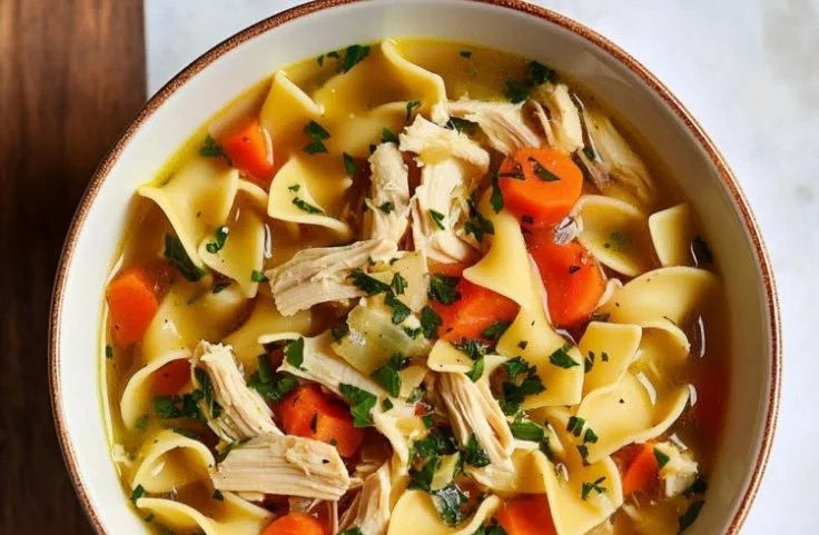 A comforting bowl of slow cooker chicken noodle soup with fresh ingredients.