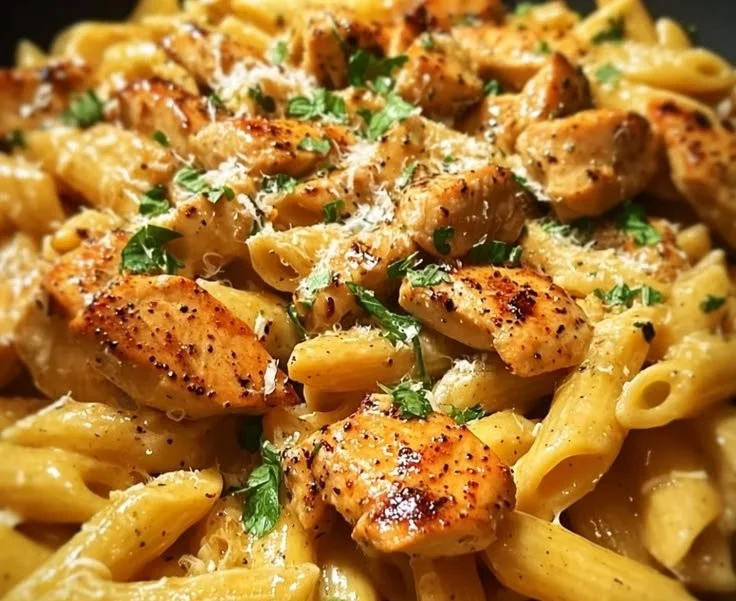 A plate of Smoky Garlic Butter Chicken Pasta garnished with herbs and served warm.