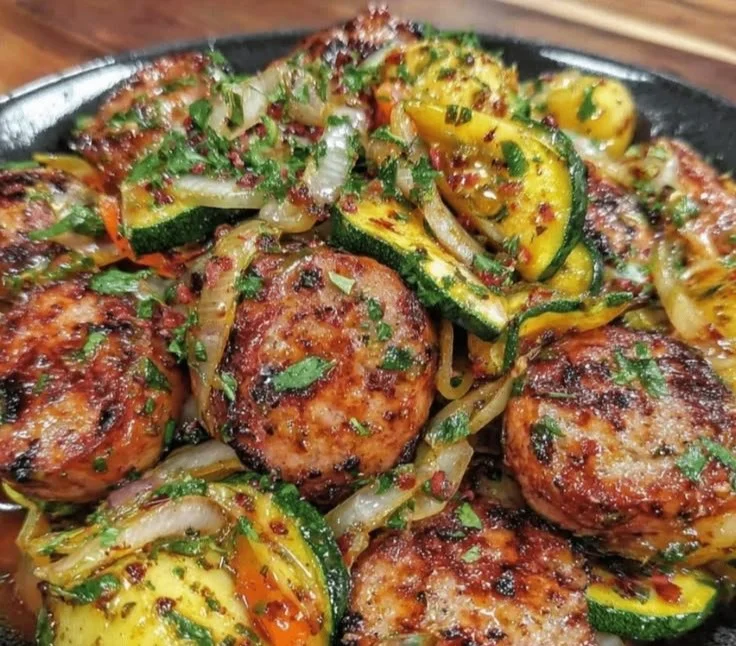 Delicious plate of smoky sausage and crispy potatoes garnished with herbs