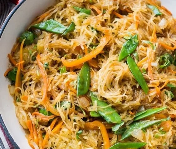 Healthy Spaghetti Squash Chow Mein in a bowl with colorful vegetables