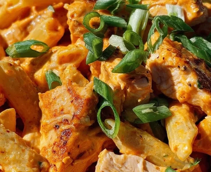 Spicy Buffalo Pepper Jack Chicken Pasta Skillet in a skillet with garnish