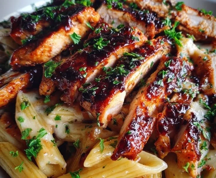 Sticky Honey BBQ Pepper Jack Chicken Pasta served in a bowl