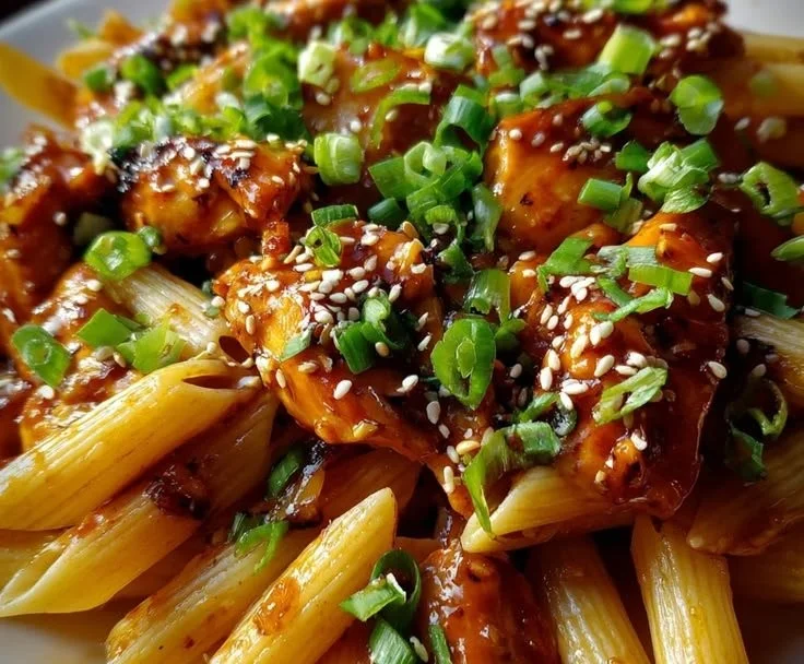Delicious Honey Chili Garlic Butter Chicken served over penne pasta.