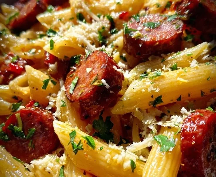 Plate of Sticky Honey Garlic Smoked Sausage Pasta with fresh herbs