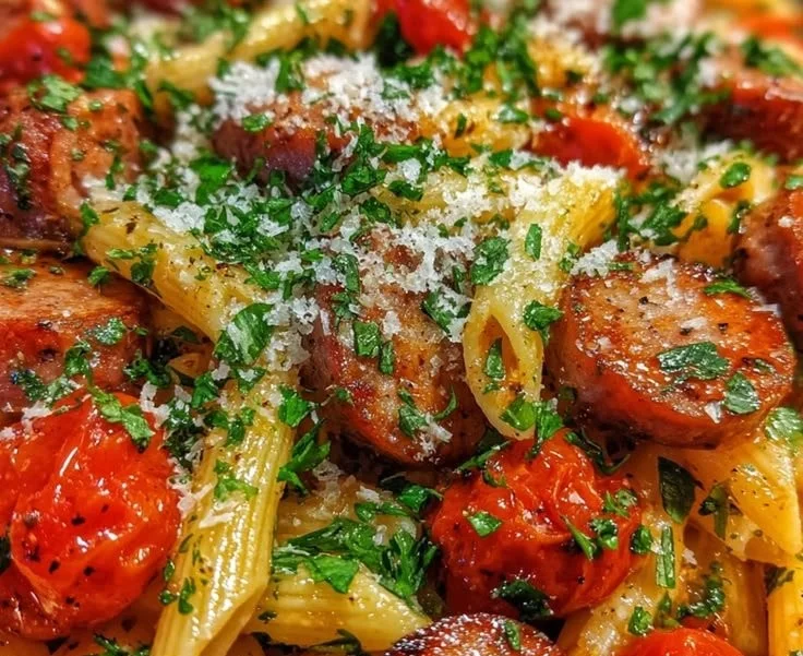 Sticky Smoky Honey Garlic BBQ Sausage Pasta in a skillet dish