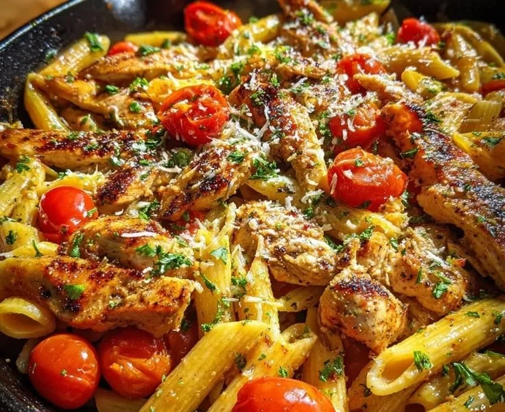 Sticky Sweet BBQ Cajun Garlic Butter Chicken Pasta in a skillet