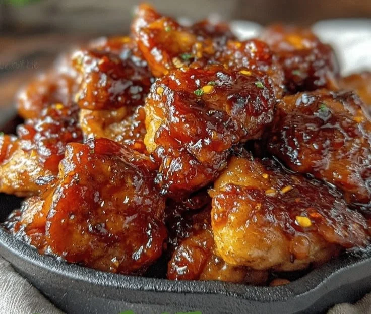 Delicious sticky sweet bourbon chicken served on a plate with garnish.