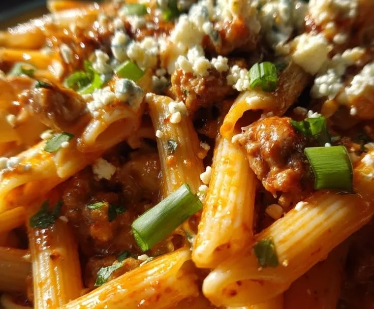 Plate of Sticky Sweet Buffalo Garlic Butter Sausage Penne dish
