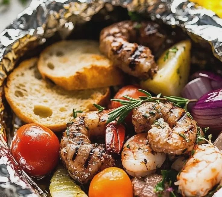 Easy Surf and Turf foil packs for a quick and delightful dinner.