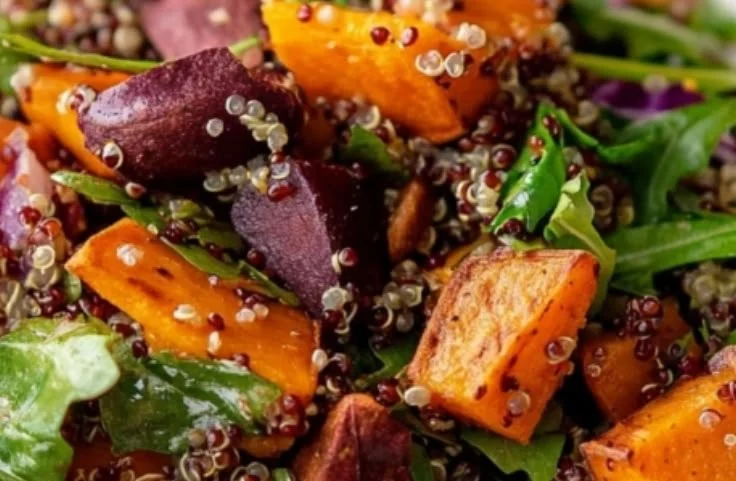 Colorful sweet potato quinoa salad with fresh vegetables and dressing.
