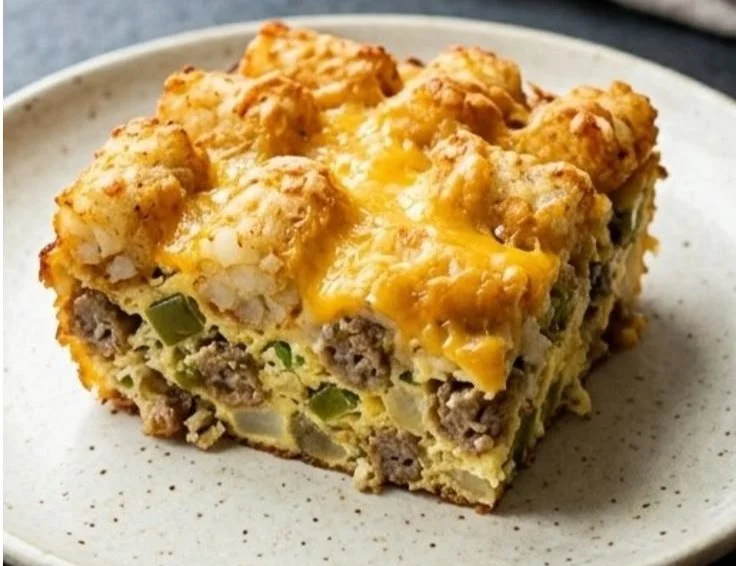 Delicious Tater Tot Sausage Casserole served on a plate with fresh herbs.