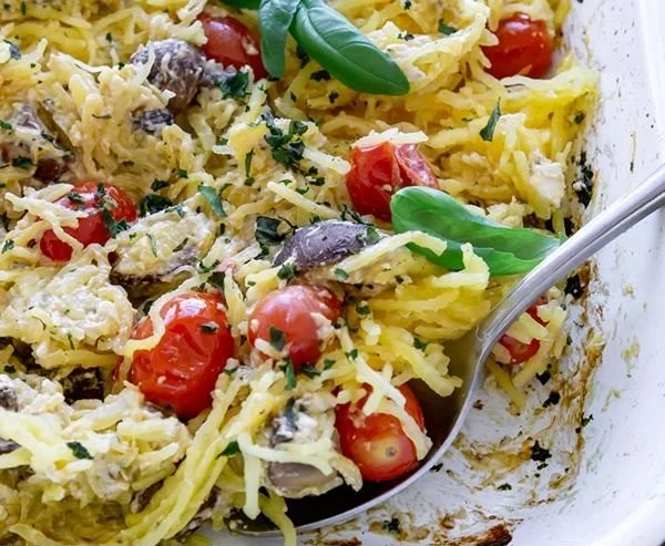 Tomato Feta Baked Spaghetti Squash served in a dish