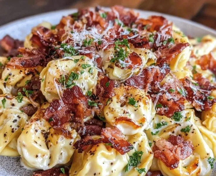 Creamy Tortellini Carbonara served in a bowl
