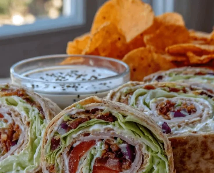 Delicious Turkey Ranch Pinwheel Wraps displayed on a platter.