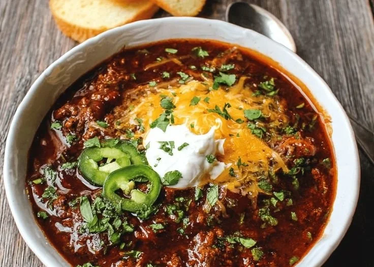 Bowl of ultimate beef chili garnished with fresh herbs.