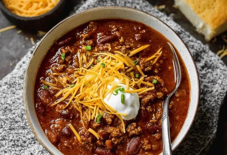 Bowl of hearty, flavorful classic chili topped with garnishes