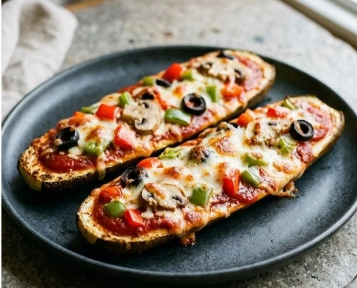 Zucchini pizza boats filled with cheese, veggies, and herbs, baked to perfection