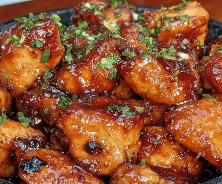 Delicious Bourbon Chicken served with rice, showcasing a sweet and savory dinner dish.