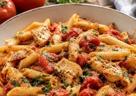 A bowl of chicken and tomato pasta garnished with fresh basil