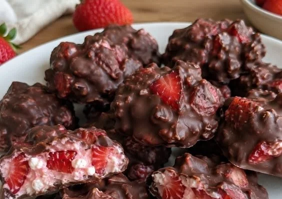 Chocolate strawberry cottage cheese clusters dessert ready to enjoy.