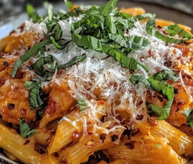 Creamy garlic tomato pasta served in a bowl with fresh basil