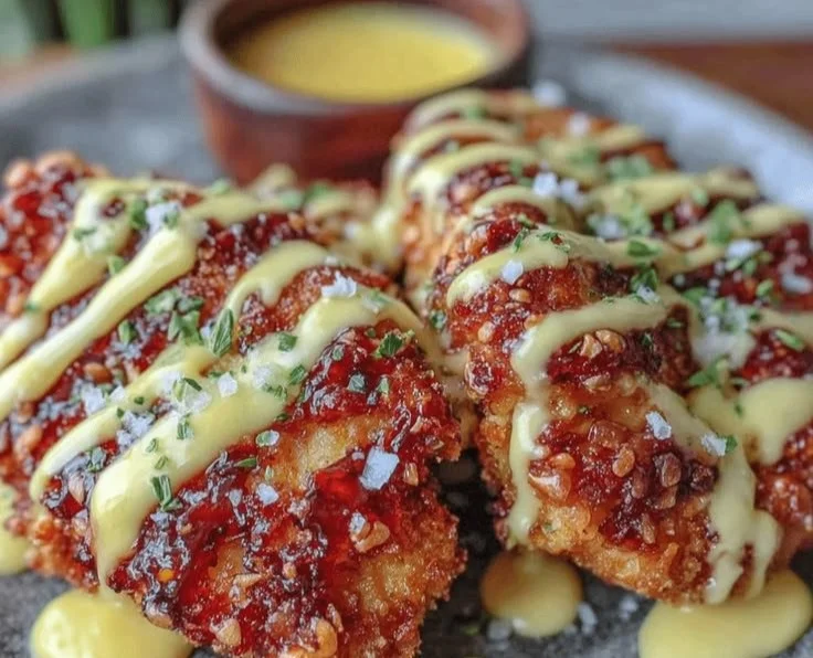 Crispy Pretzel Chicken with Mustard Cheddar served on a plate