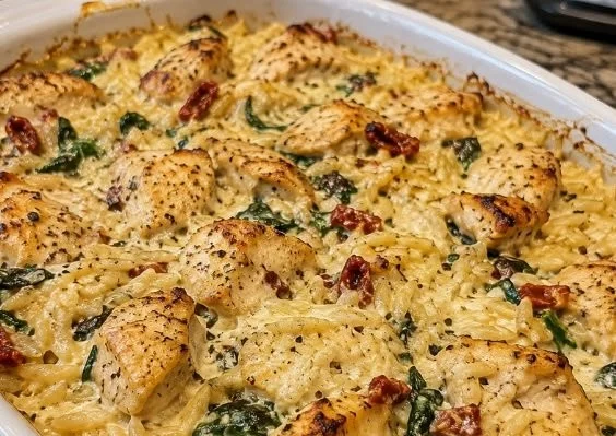 Creamy Easy Boursin Chicken Orzo Bake ready to serve