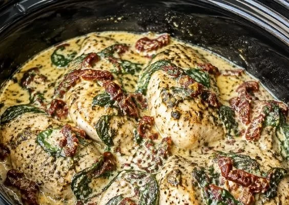 Delicious crockpot pesto chicken with sun-dried tomatoes and creamy spinach sauce