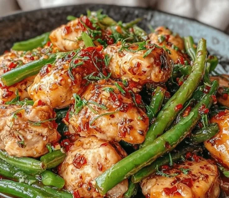 Easy string bean chicken cooked with fresh vegetables in a healthy sauce