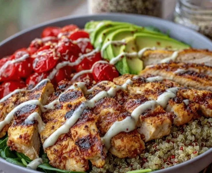 Grilled Chicken Quinoa Bowl with colorful vegetables and high protein ingredients.