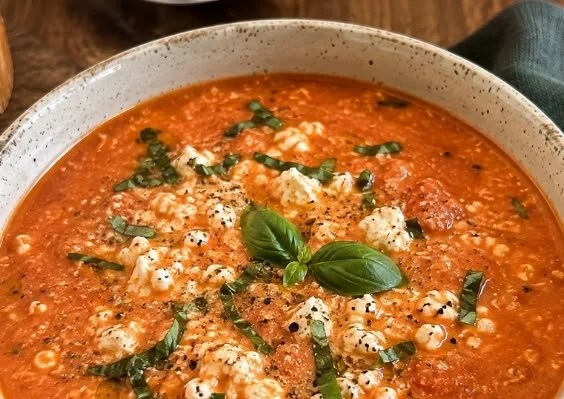 Bowl of high protein cottage cheese tomato soup garnished with fresh herbs