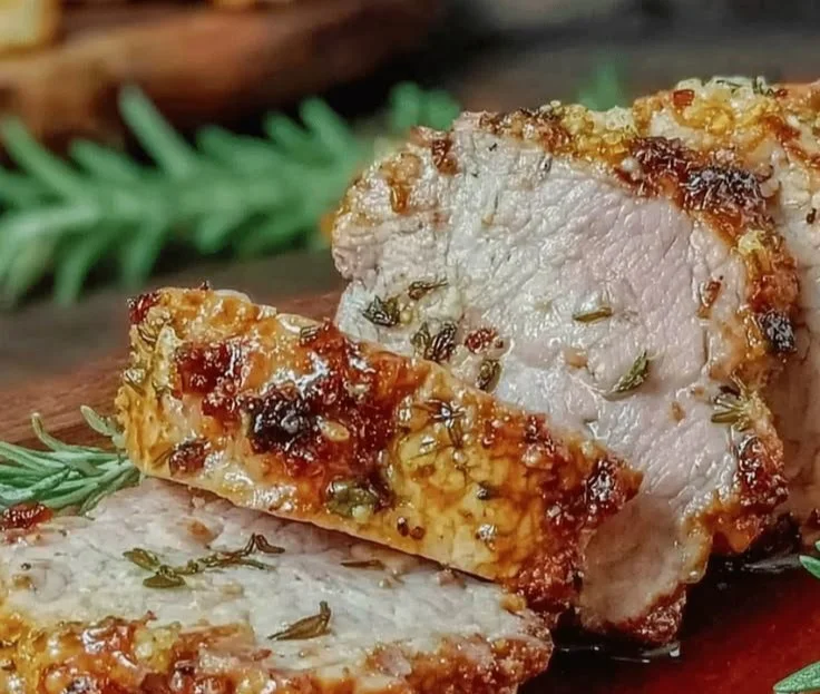 Juicy homemade baked pork tenderloin served with vegetables on a plate